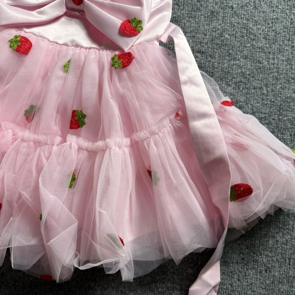 Infant Baby Girl Strawberry Tulle Tutu Dress Pink Satin Bow Birthday Pageant